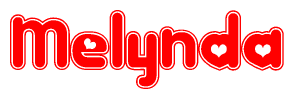 The image is a clipart featuring the word Melynda written in a stylized font with a heart shape replacing inserted into the center of each letter. The color scheme of the text and hearts is red with a light outline.