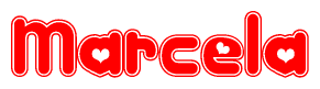 The image is a clipart featuring the word Marcela written in a stylized font with a heart shape replacing inserted into the center of each letter. The color scheme of the text and hearts is red with a light outline.