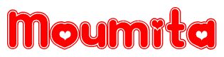 The image is a clipart featuring the word Moumita written in a stylized font with a heart shape replacing inserted into the center of each letter. The color scheme of the text and hearts is red with a light outline.