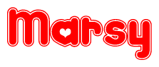 The image is a clipart featuring the word Marsy written in a stylized font with a heart shape replacing inserted into the center of each letter. The color scheme of the text and hearts is red with a light outline.