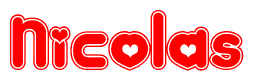 The image is a clipart featuring the word Nicolas written in a stylized font with a heart shape replacing inserted into the center of each letter. The color scheme of the text and hearts is red with a light outline.