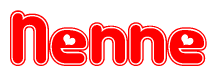 The image is a red and white graphic with the word Nenne written in a decorative script. Each letter in  is contained within its own outlined bubble-like shape. Inside each letter, there is a white heart symbol.