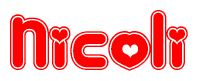 The image is a red and white graphic with the word Nicoli written in a decorative script. Each letter in  is contained within its own outlined bubble-like shape. Inside each letter, there is a white heart symbol.