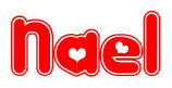 The image is a red and white graphic with the word Nael written in a decorative script. Each letter in  is contained within its own outlined bubble-like shape. Inside each letter, there is a white heart symbol.