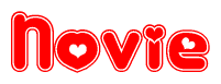 The image is a clipart featuring the word Novie written in a stylized font with a heart shape replacing inserted into the center of each letter. The color scheme of the text and hearts is red with a light outline.