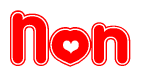 The image is a red and white graphic with the word Non written in a decorative script. Each letter in  is contained within its own outlined bubble-like shape. Inside each letter, there is a white heart symbol.