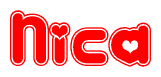 The image is a red and white graphic with the word Nica written in a decorative script. Each letter in  is contained within its own outlined bubble-like shape. Inside each letter, there is a white heart symbol.