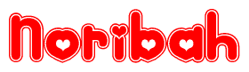 The image is a clipart featuring the word Noribah written in a stylized font with a heart shape replacing inserted into the center of each letter. The color scheme of the text and hearts is red with a light outline.