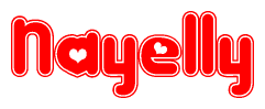 The image is a red and white graphic with the word Nayelly written in a decorative script. Each letter in  is contained within its own outlined bubble-like shape. Inside each letter, there is a white heart symbol.