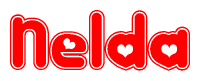 The image is a red and white graphic with the word Nelda written in a decorative script. Each letter in  is contained within its own outlined bubble-like shape. Inside each letter, there is a white heart symbol.