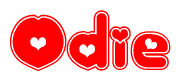 The image is a red and white graphic with the word Odie written in a decorative script. Each letter in  is contained within its own outlined bubble-like shape. Inside each letter, there is a white heart symbol.