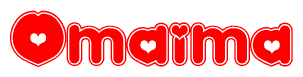 The image is a red and white graphic with the word Omaima written in a decorative script. Each letter in  is contained within its own outlined bubble-like shape. Inside each letter, there is a white heart symbol.