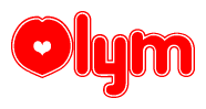 The image is a red and white graphic with the word Olym written in a decorative script. Each letter in  is contained within its own outlined bubble-like shape. Inside each letter, there is a white heart symbol.