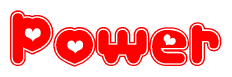 The image is a clipart featuring the word Power written in a stylized font with a heart shape replacing inserted into the center of each letter. The color scheme of the text and hearts is red with a light outline.