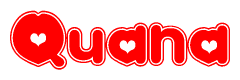 The image is a clipart featuring the word Quana written in a stylized font with a heart shape replacing inserted into the center of each letter. The color scheme of the text and hearts is red with a light outline.