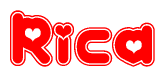 The image is a clipart featuring the word Rica written in a stylized font with a heart shape replacing inserted into the center of each letter. The color scheme of the text and hearts is red with a light outline.