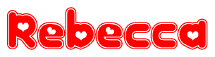 The image is a red and white graphic with the word Rebecca written in a decorative script. Each letter in  is contained within its own outlined bubble-like shape. Inside each letter, there is a white heart symbol.