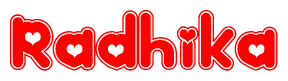 The image is a clipart featuring the word Radhika written in a stylized font with a heart shape replacing inserted into the center of each letter. The color scheme of the text and hearts is red with a light outline.