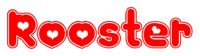 The image is a clipart featuring the word Rooster written in a stylized font with a heart shape replacing inserted into the center of each letter. The color scheme of the text and hearts is red with a light outline.
