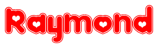 The image is a red and white graphic with the word Raymond written in a decorative script. Each letter in  is contained within its own outlined bubble-like shape. Inside each letter, there is a white heart symbol.