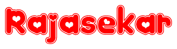 The image is a clipart featuring the word Rajasekar written in a stylized font with a heart shape replacing inserted into the center of each letter. The color scheme of the text and hearts is red with a light outline.