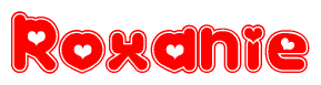 The image is a clipart featuring the word Roxanie written in a stylized font with a heart shape replacing inserted into the center of each letter. The color scheme of the text and hearts is red with a light outline.