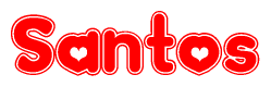 The image is a clipart featuring the word Santos written in a stylized font with a heart shape replacing inserted into the center of each letter. The color scheme of the text and hearts is red with a light outline.