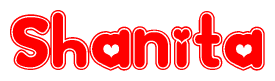 The image is a red and white graphic with the word Shanita written in a decorative script. Each letter in  is contained within its own outlined bubble-like shape. Inside each letter, there is a white heart symbol.
