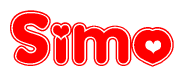 The image is a clipart featuring the word Simo written in a stylized font with a heart shape replacing inserted into the center of each letter. The color scheme of the text and hearts is red with a light outline.