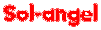 The image is a red and white graphic with the word Sol-angel written in a decorative script. Each letter in  is contained within its own outlined bubble-like shape. Inside each letter, there is a white heart symbol.