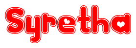 The image is a clipart featuring the word Syretha written in a stylized font with a heart shape replacing inserted into the center of each letter. The color scheme of the text and hearts is red with a light outline.