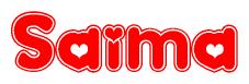The image is a red and white graphic with the word Saima written in a decorative script. Each letter in  is contained within its own outlined bubble-like shape. Inside each letter, there is a white heart symbol.