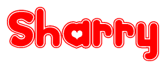 The image is a red and white graphic with the word Sharry written in a decorative script. Each letter in  is contained within its own outlined bubble-like shape. Inside each letter, there is a white heart symbol.