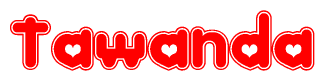 The image is a clipart featuring the word Tawanda written in a stylized font with a heart shape replacing inserted into the center of each letter. The color scheme of the text and hearts is red with a light outline.