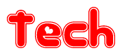 The image is a red and white graphic with the word Tech written in a decorative script. Each letter in  is contained within its own outlined bubble-like shape. Inside each letter, there is a white heart symbol.