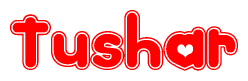 The image is a red and white graphic with the word Tushar written in a decorative script. Each letter in  is contained within its own outlined bubble-like shape. Inside each letter, there is a white heart symbol.