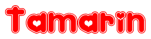The image is a clipart featuring the word Tamarin written in a stylized font with a heart shape replacing inserted into the center of each letter. The color scheme of the text and hearts is red with a light outline.