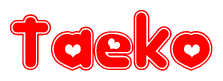 The image is a clipart featuring the word Taeko written in a stylized font with a heart shape replacing inserted into the center of each letter. The color scheme of the text and hearts is red with a light outline.