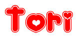 The image is a red and white graphic with the word Tori written in a decorative script. Each letter in  is contained within its own outlined bubble-like shape. Inside each letter, there is a white heart symbol.