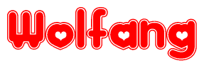 The image is a clipart featuring the word Wolfang written in a stylized font with a heart shape replacing inserted into the center of each letter. The color scheme of the text and hearts is red with a light outline.