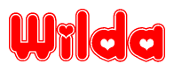 The image displays the word Wilda written in a stylized red font with hearts inside the letters.
