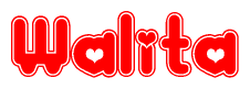 The image is a clipart featuring the word Walita written in a stylized font with a heart shape replacing inserted into the center of each letter. The color scheme of the text and hearts is red with a light outline.