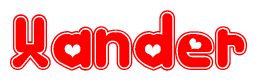 The image is a red and white graphic with the word Xander written in a decorative script. Each letter in  is contained within its own outlined bubble-like shape. Inside each letter, there is a white heart symbol.
