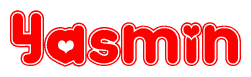 The image is a red and white graphic with the word Yasmin written in a decorative script. Each letter in  is contained within its own outlined bubble-like shape. Inside each letter, there is a white heart symbol.