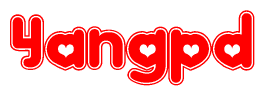 The image is a red and white graphic with the word Yangpd written in a decorative script. Each letter in  is contained within its own outlined bubble-like shape. Inside each letter, there is a white heart symbol.