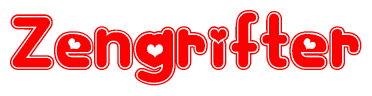 The image is a red and white graphic with the word Zengrifter written in a decorative script. Each letter in  is contained within its own outlined bubble-like shape. Inside each letter, there is a white heart symbol.
