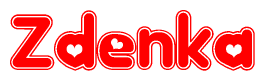 The image is a clipart featuring the word Zdenka written in a stylized font with a heart shape replacing inserted into the center of each letter. The color scheme of the text and hearts is red with a light outline.
