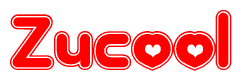 The image is a red and white graphic with the word Zucool written in a decorative script. Each letter in  is contained within its own outlined bubble-like shape. Inside each letter, there is a white heart symbol.