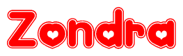 The image is a clipart featuring the word Zondra written in a stylized font with a heart shape replacing inserted into the center of each letter. The color scheme of the text and hearts is red with a light outline.
