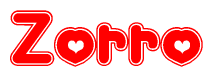 The image is a clipart featuring the word Zorro written in a stylized font with a heart shape replacing inserted into the center of each letter. The color scheme of the text and hearts is red with a light outline.